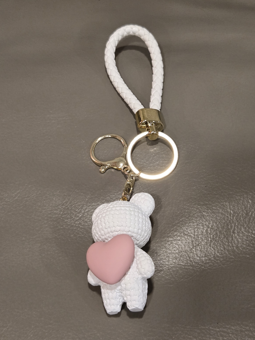 White Braided Bear Keychain with Pink Heart Charm